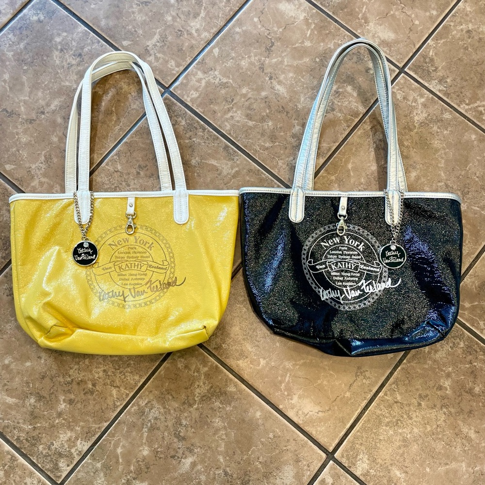 Lot of 2 Kathy Van Zeeland reversible tote purses with charms